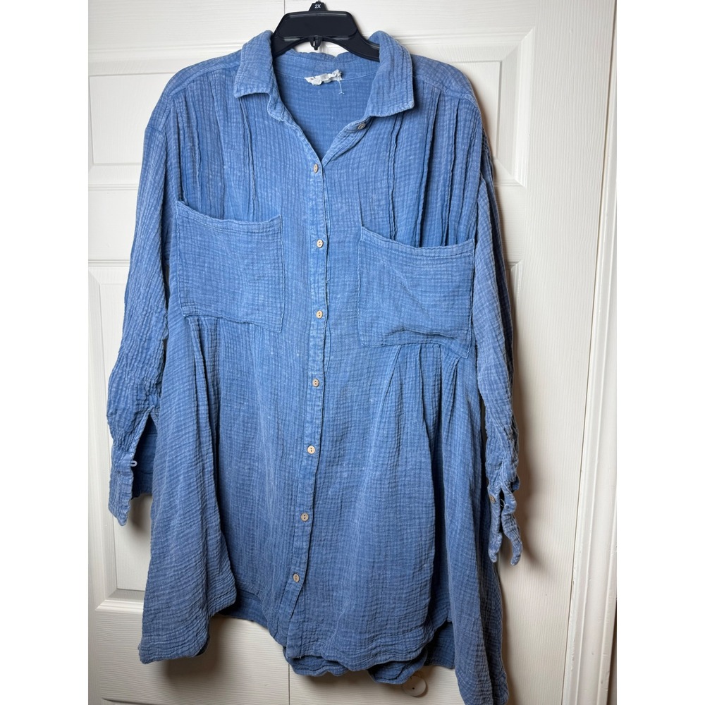 Dress Up Womens Cotton Gauze Button Down Tunic Top Blue Oversized